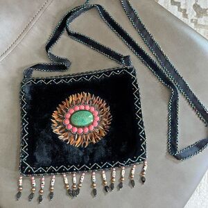 Vintage velvet handmade boho hippie feather beaded crossbody midi bag western